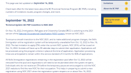 BCPNP通知邀请暂停一个月，11月16日重启，调整职位代码适应NOC2021